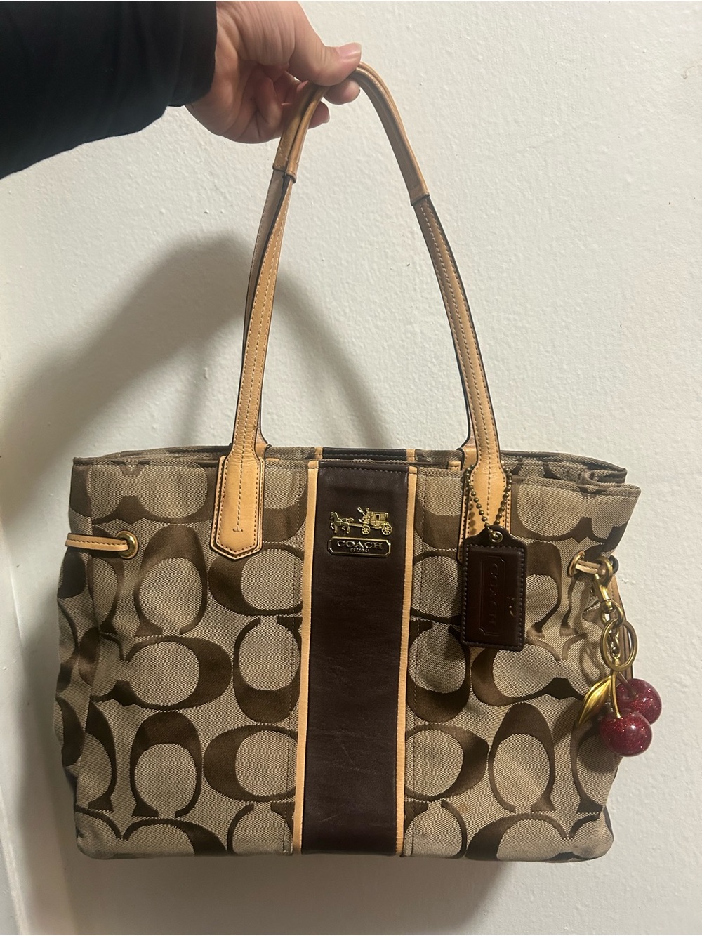 Coach Brown Signature Canvas Shoulder Tote with Tan Leather Trim